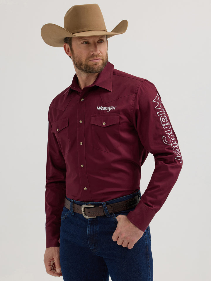 Wrangler Men's Classic Fit Silver Logo Button Down Wine Shirt