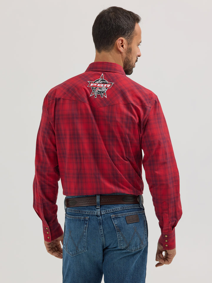 Wrangler Men's PBR Logo Red Plaid Snap Shirt