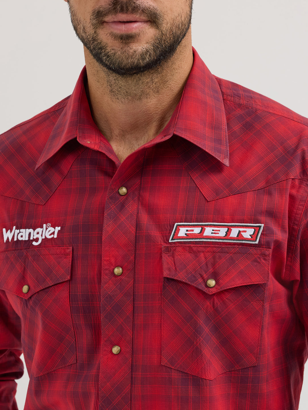 Wrangler Men's PBR Logo Red Plaid Snap Shirt