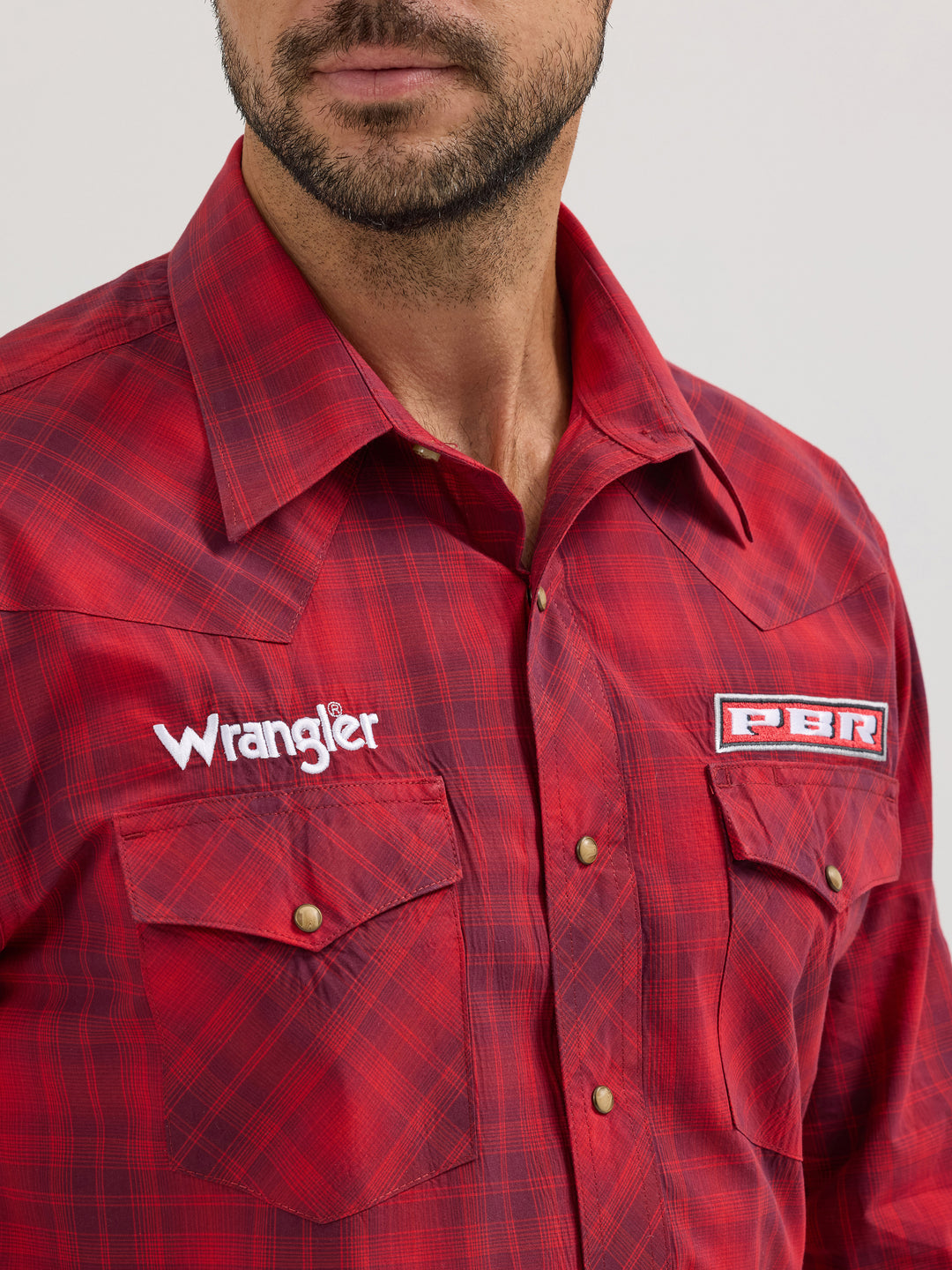 Wrangler Men's PBR Logo Red Plaid Snap Shirt