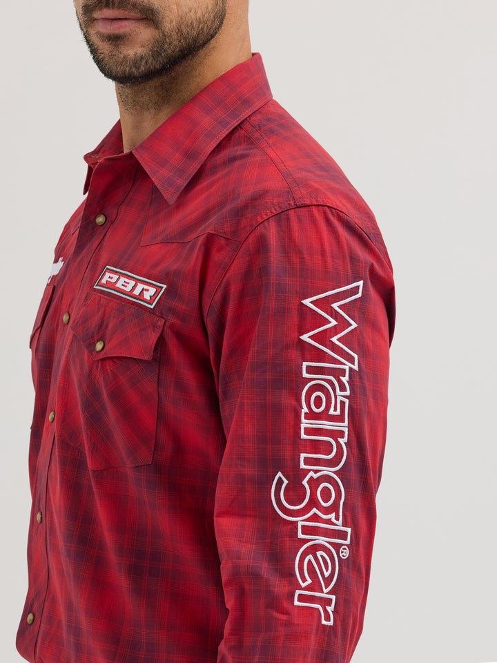 Wrangler Men's PBR Logo Red Plaid Snap Shirt