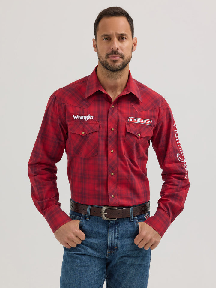 Wrangler Men's PBR Logo Red Plaid Snap Shirt