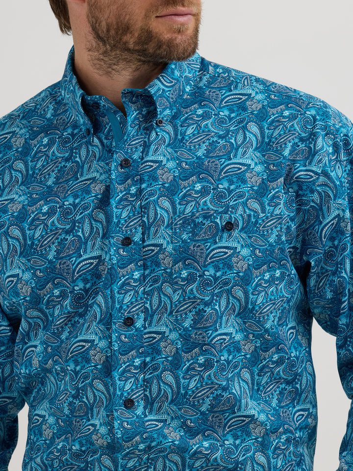 Wrangler Men's George Strait Collection Long Sleeve Blue Teal Paisley Shirt