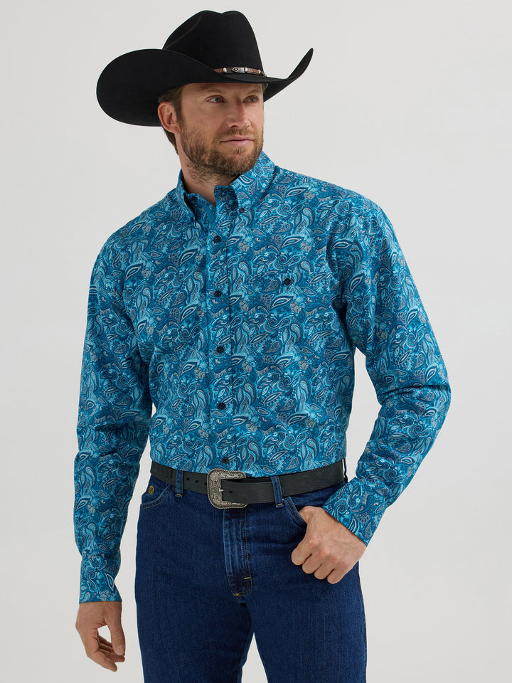 Wrangler Men's George Strait Collection Long Sleeve Blue Teal Paisley Shirt