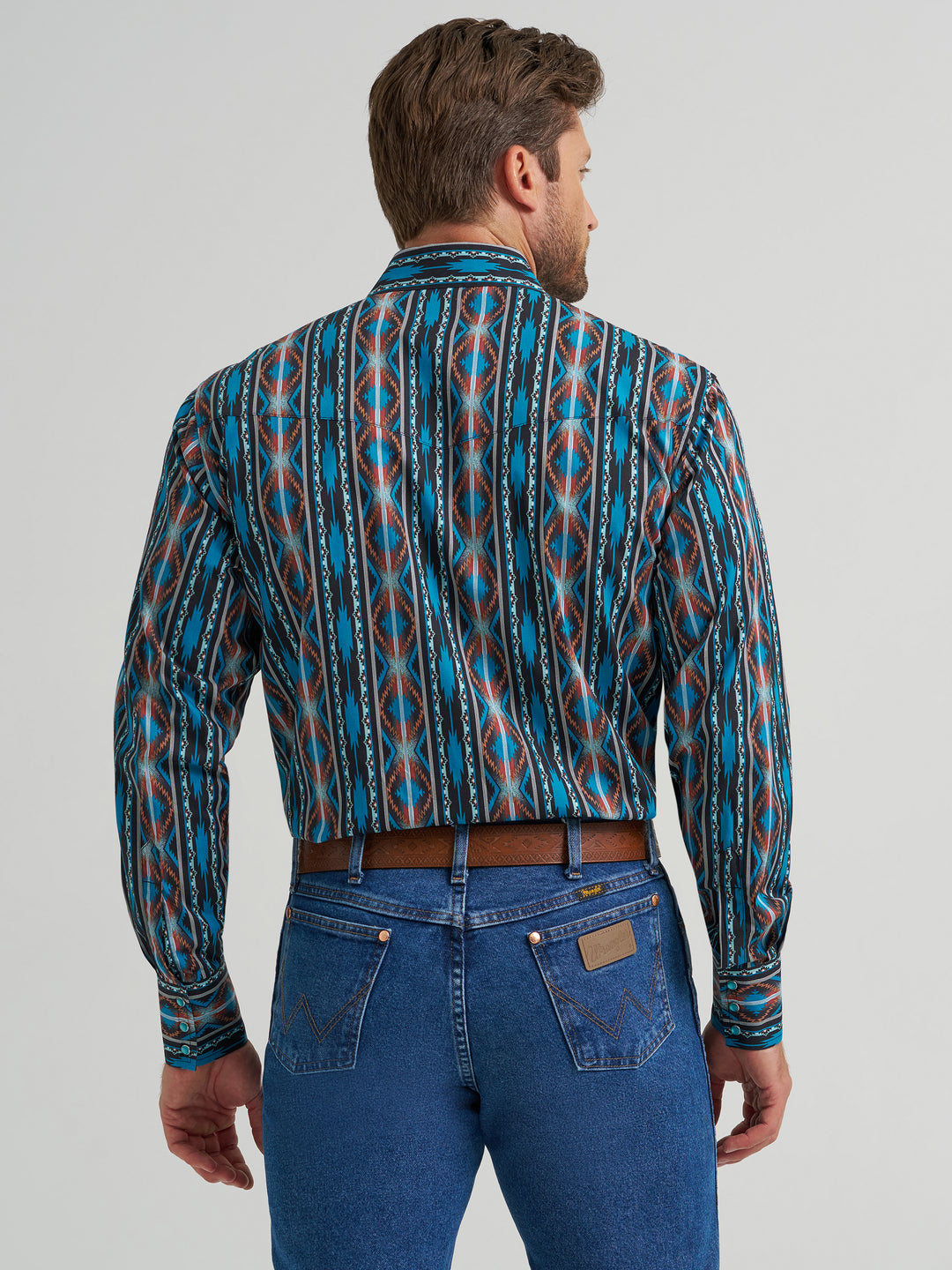 Wrangler Men's Checotah Long Sleeve Western Snap Printed Shirt - Turquoise Crimson