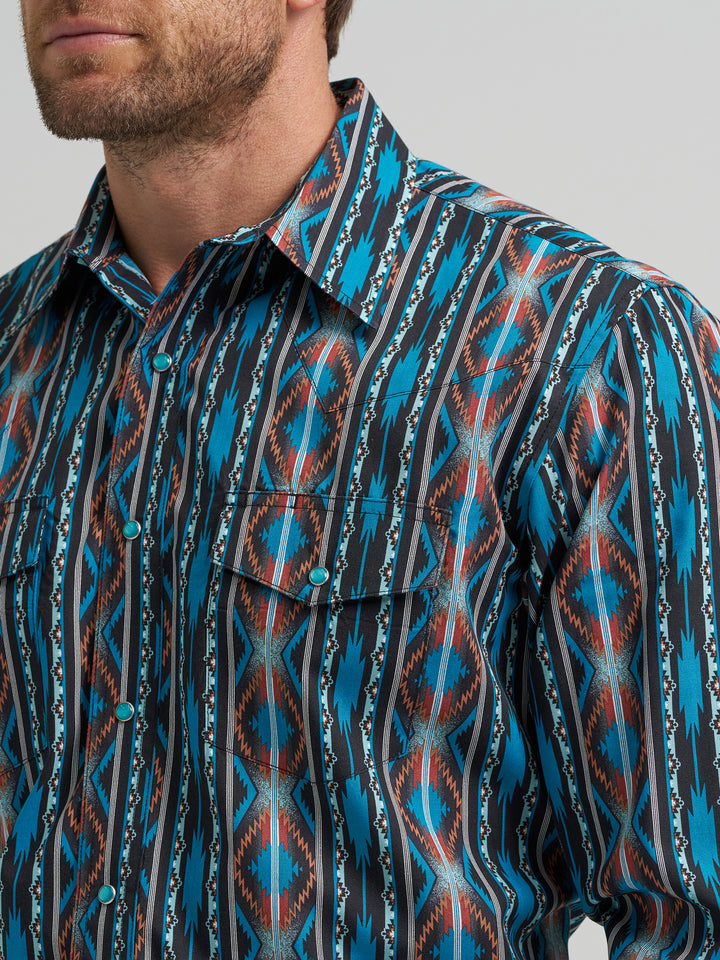 Wrangler Men's Checotah Long Sleeve Western Snap Printed Shirt - Turquoise Crimson