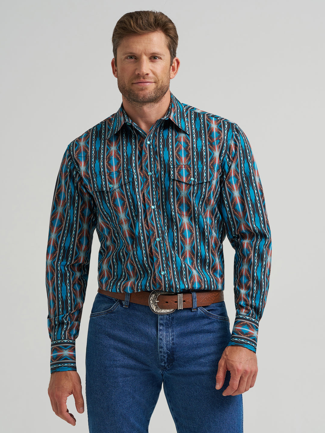 Wrangler Men's Checotah Long Sleeve Western Snap Printed Shirt - Turquoise Crimson