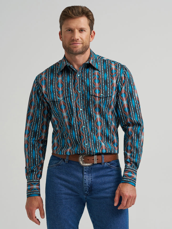 Wrangler Men's Checotah Long Sleeve Western Snap Printed Shirt - Turquoise Crimson