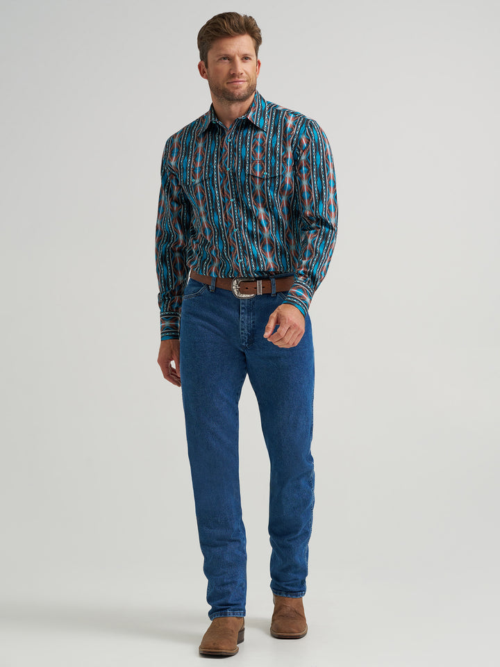 Wrangler Men's Checotah Long Sleeve Western Snap Printed Shirt - Turquoise Crimson