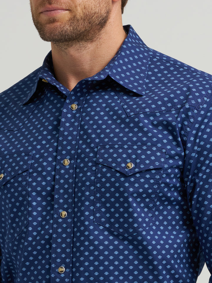 Wrangler Men's 20X Competition Advanced Comfort Long Sleeve Two Pocket Western Snap Shirt - Dark Blue Ditsy