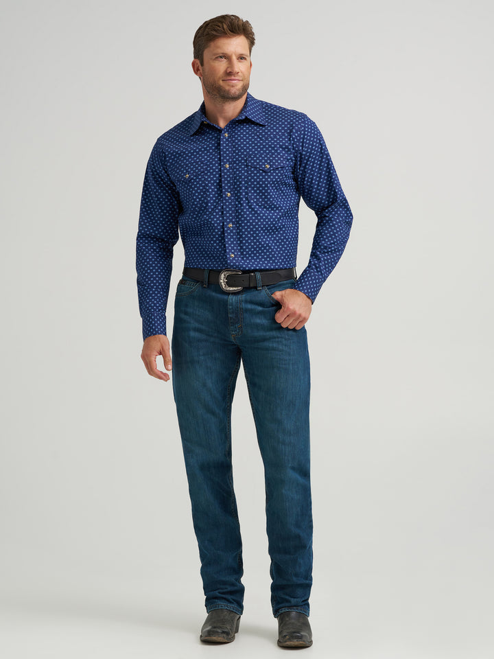 Wrangler Men's 20X Competition Advanced Comfort Long Sleeve Two Pocket Western Snap Shirt - Dark Blue Ditsy