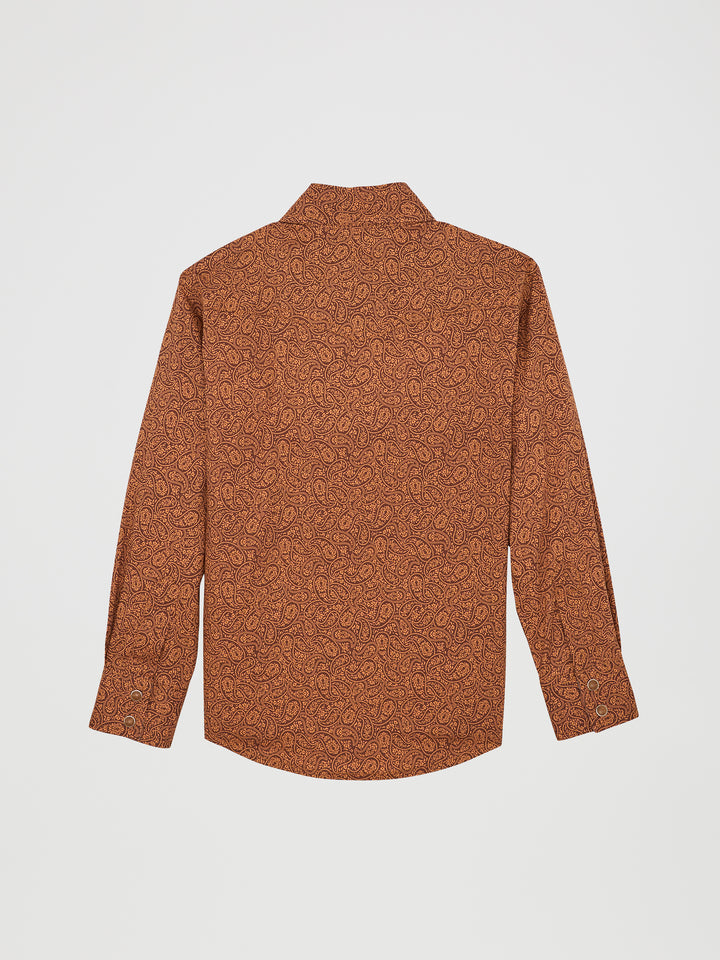 Wrangler Boy's 20X Advanced Comfort Western Snap Print Shirt - Rustic Brown Paisley