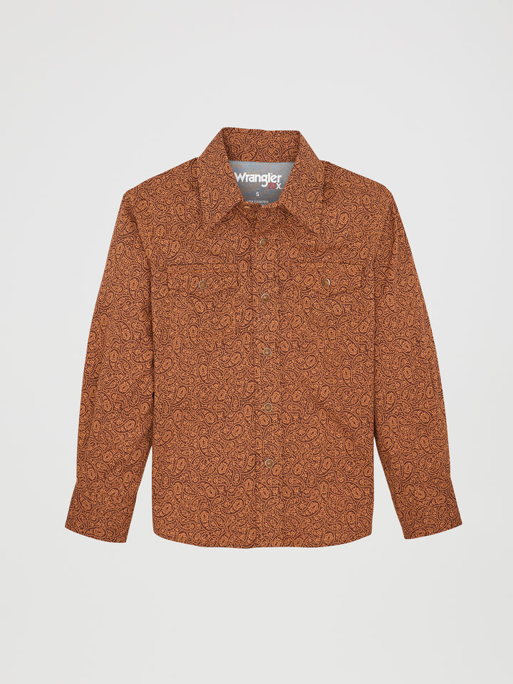 Wrangler Boy's 20X Advanced Comfort Western Snap Print Shirt - Rustic Brown Paisley
