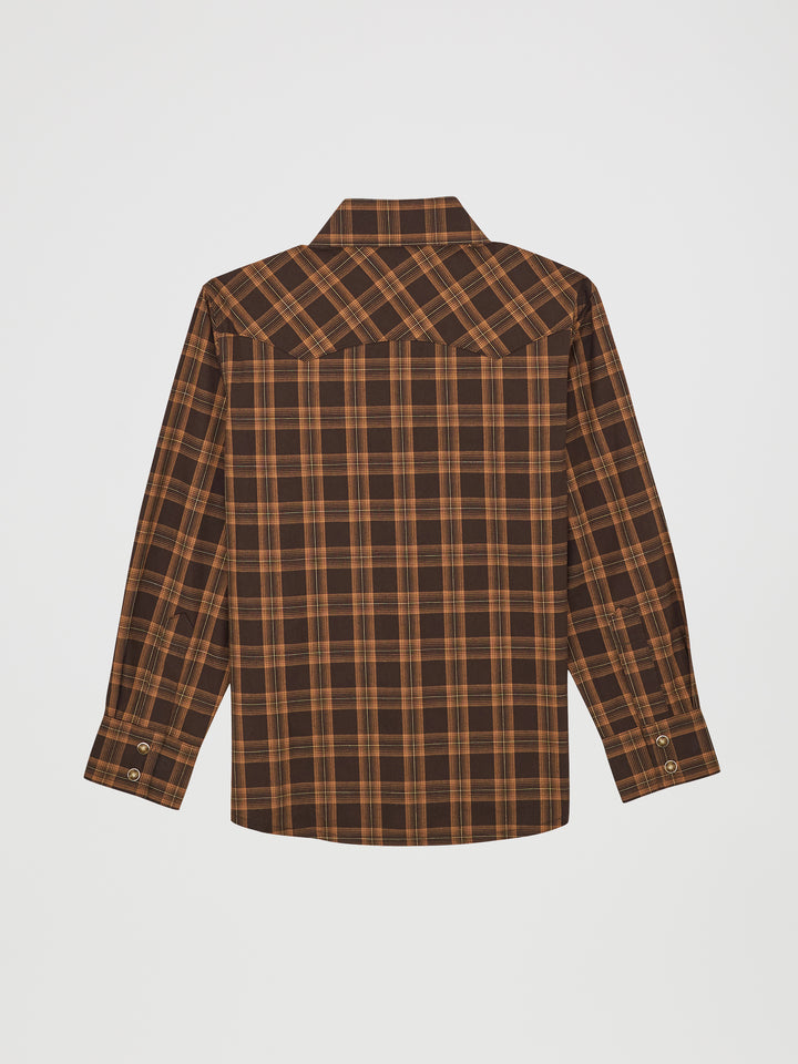 Wrangler Boy's Wrangler Retro Western Snap Plaid Shirt with Front Sawtooth Pockets - Mocha Brown