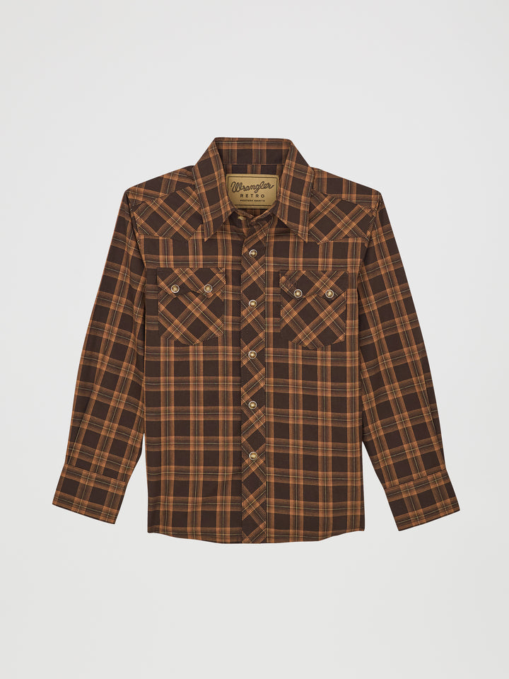 Wrangler Boy's Wrangler Retro Western Snap Plaid Shirt with Front Sawtooth Pockets - Mocha Brown