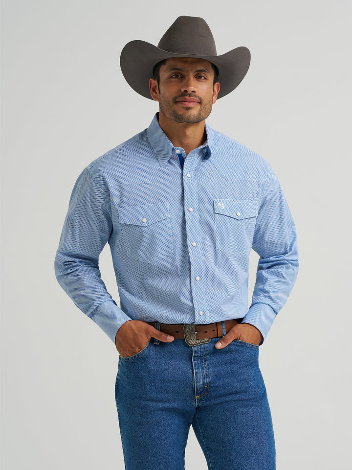 Wrangler Men's George Strait Troubadour Long Sleeve Western Snap Shirt- Atlantic Miniprint