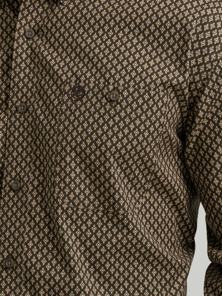 Wrangler Men's George Strait Long Sleeve Button Down One Pocket Shirt - Coffee Rhombi