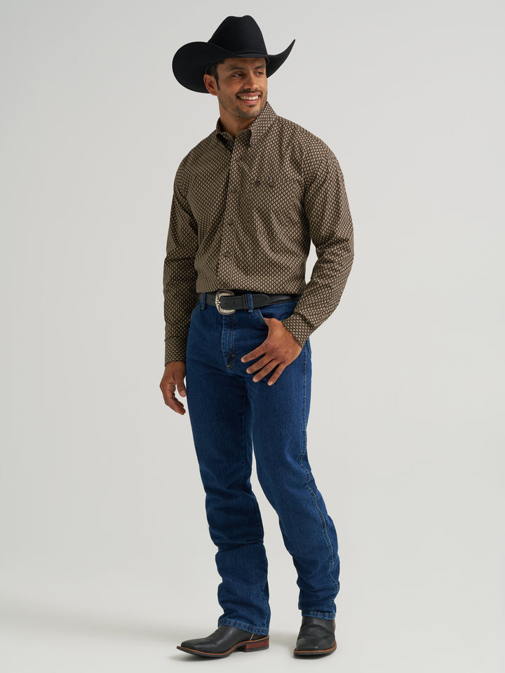 Wrangler Men's George Strait Long Sleeve Button Down One Pocket Shirt - Coffee Rhombi