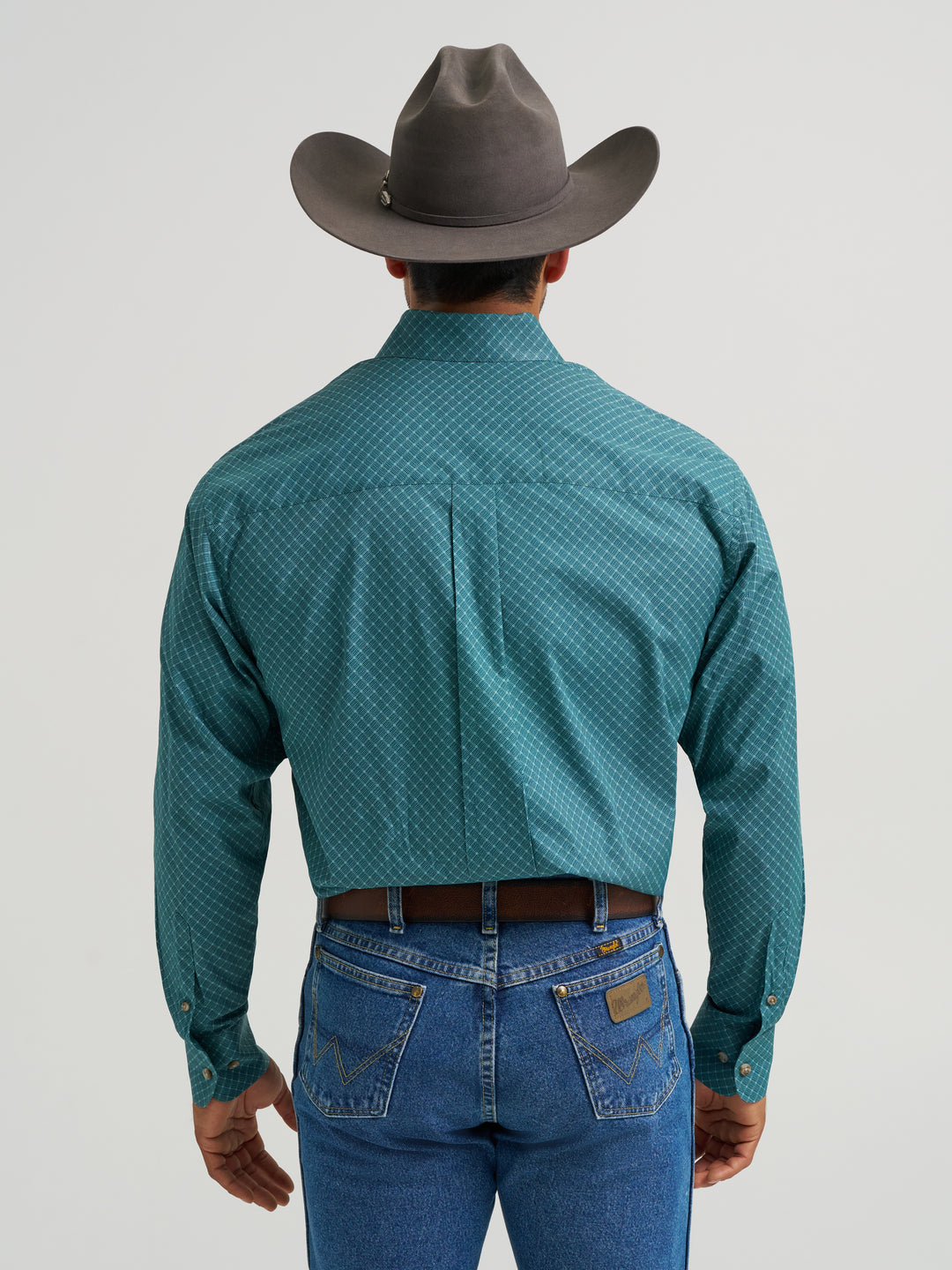 Wrangler George Strait Long Sleeve Button Down Two Pocket Shirt - Teal Diamondpane