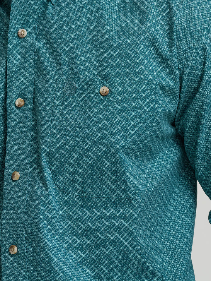 Wrangler George Strait Long Sleeve Button Down Two Pocket Shirt - Teal Diamondpane