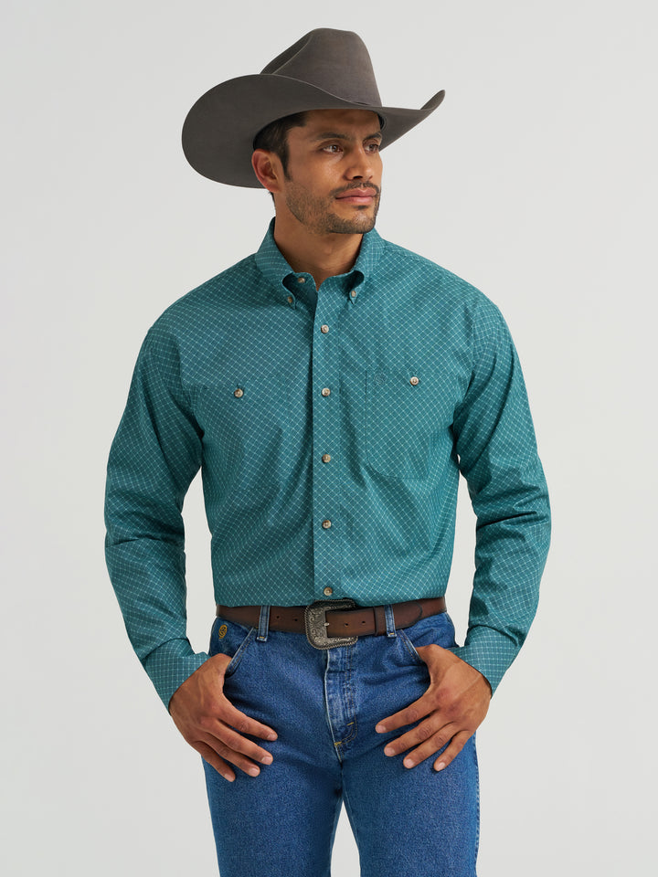 Wrangler George Strait Long Sleeve Button Down Two Pocket Shirt - Teal Diamondpane