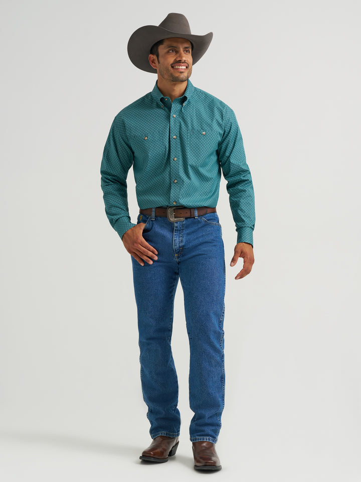 Wrangler George Strait Long Sleeve Button Down Two Pocket Shirt - Teal Diamondpane