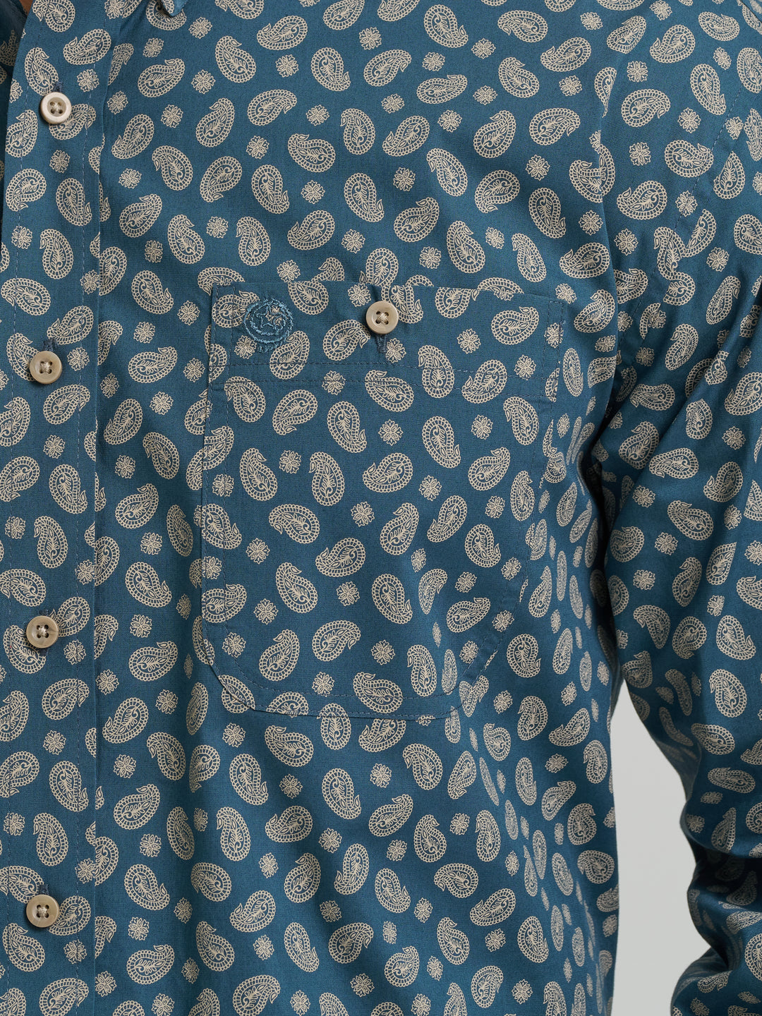 Wrangler Men's George Strait Long Sleeve Button Down One Pocket Shirt - Mallard Paisley
