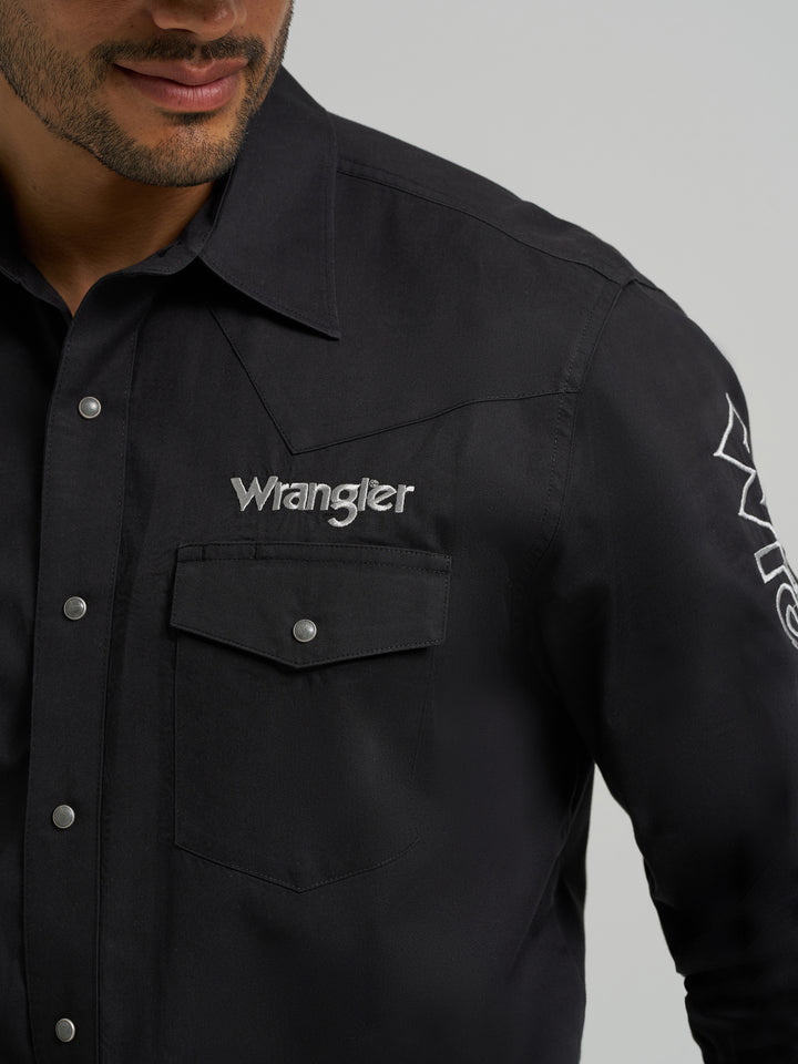 Wrangler Men's Wrangler Logo Long Sleeve Western Snap Shirt - Black
