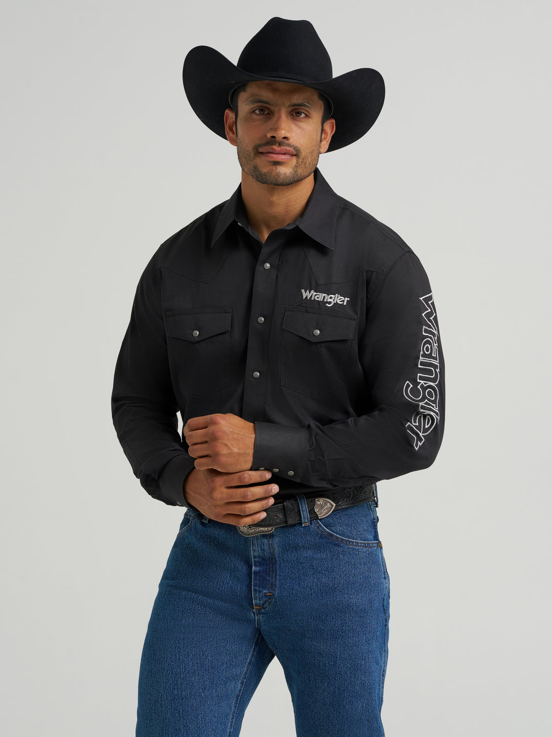 Wrangler Men's Wrangler Logo Long Sleeve Western Snap Shirt - Black