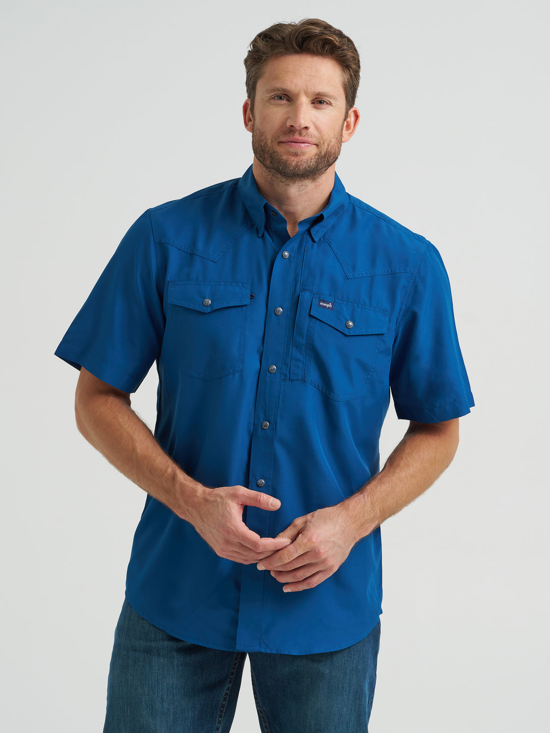 Wrangler Men's Performance Short Sleeve Snap Shirt - Blue