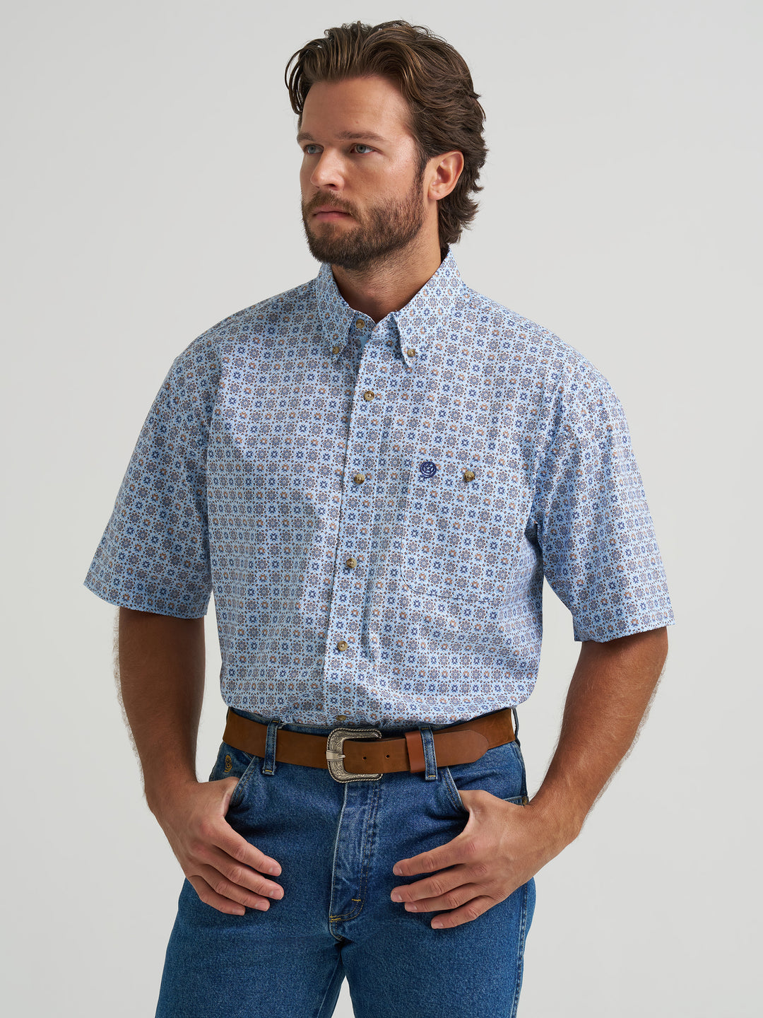 George Strait Short Sleeve One Pocket Button Down Shirt-Quilted Blue