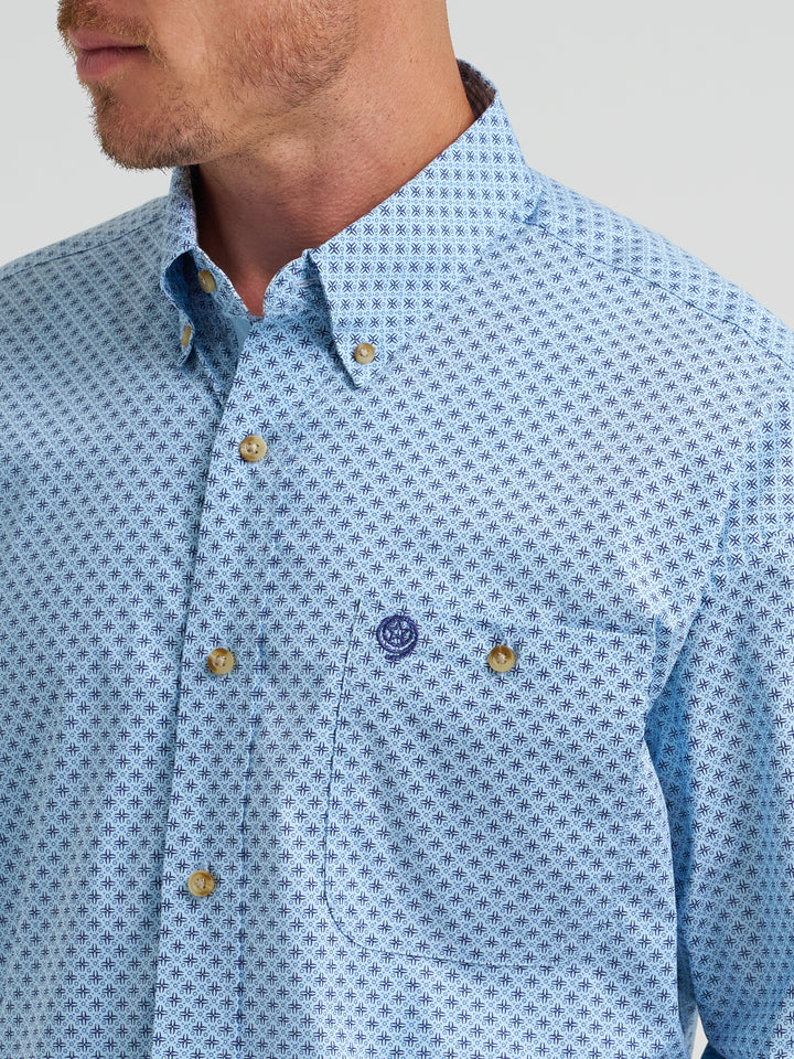 Long Sleeve Button Down One Pocket Shirt- Baby Blue Cross