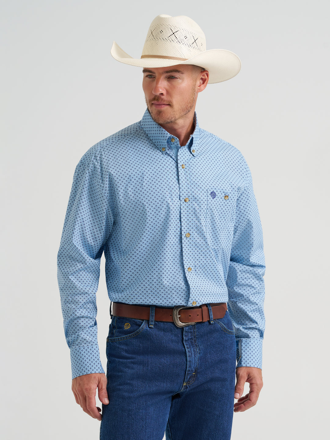 Long Sleeve Button Down One Pocket Shirt- Baby Blue Cross
