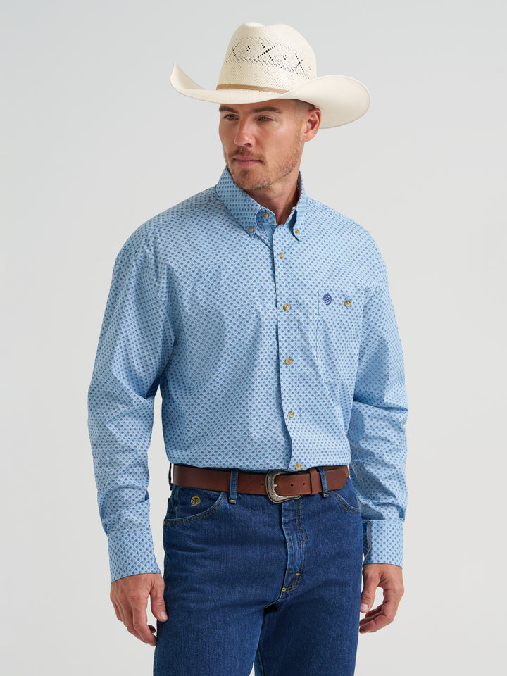 Long Sleeve Button Down One Pocket Shirt- Baby Blue Cross