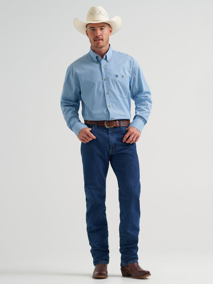 Long Sleeve Button Down One Pocket Shirt- Baby Blue Cross