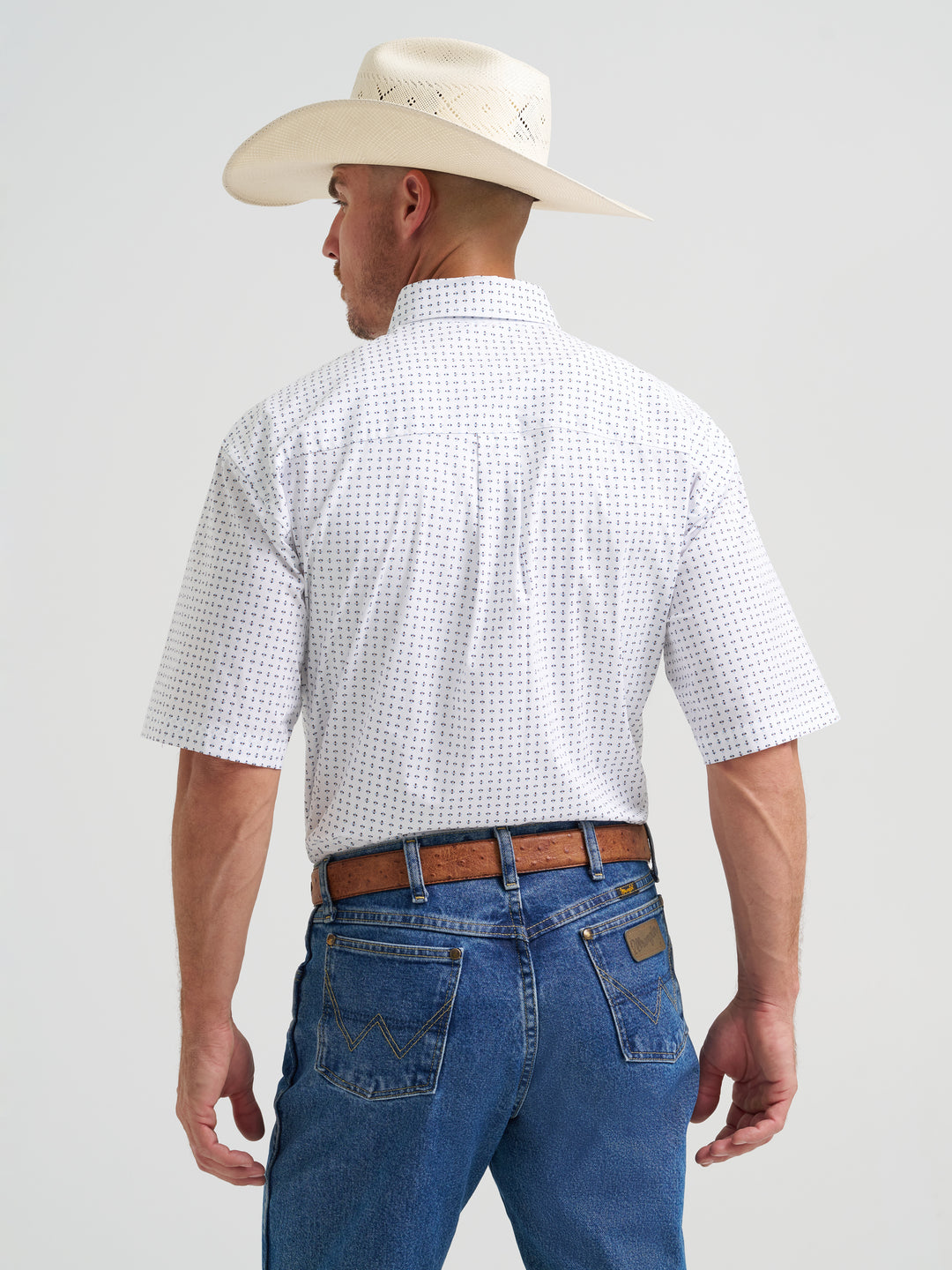 Short Sleeve One Pocket Button Down Shirt- Baby Blue Dots