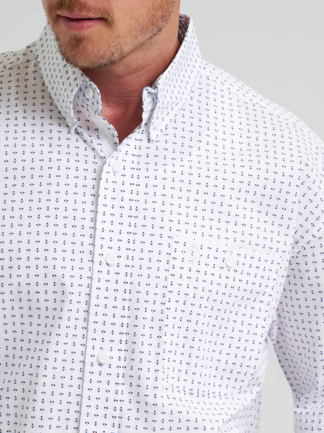 Short Sleeve One Pocket Button Down Shirt- Baby Blue Dots