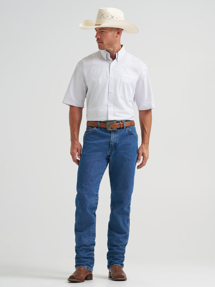 Short Sleeve One Pocket Button Down Shirt- Baby Blue Dots