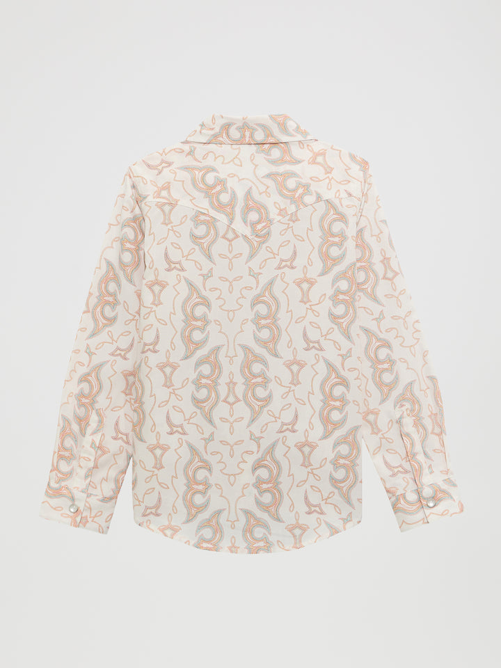 Girl's Bold Print Western Snap Shirt-White