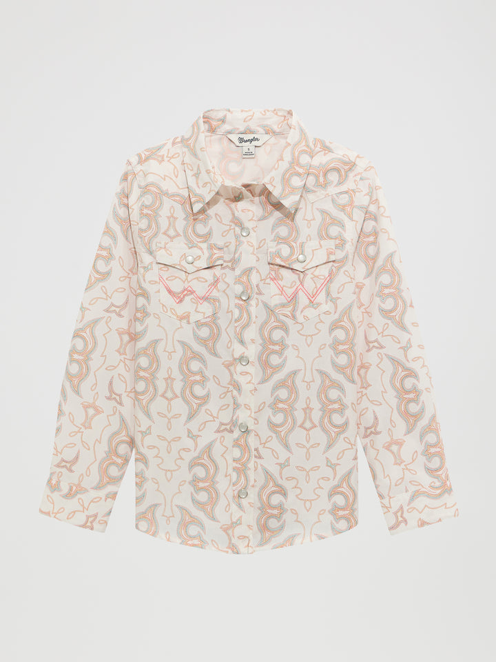 Girl's Bold Print Western Snap Shirt-White