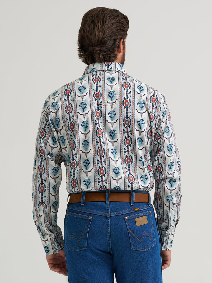 Men's Checotah Long Sleeve Western Snap Printed Shirt- Gray Steerhead