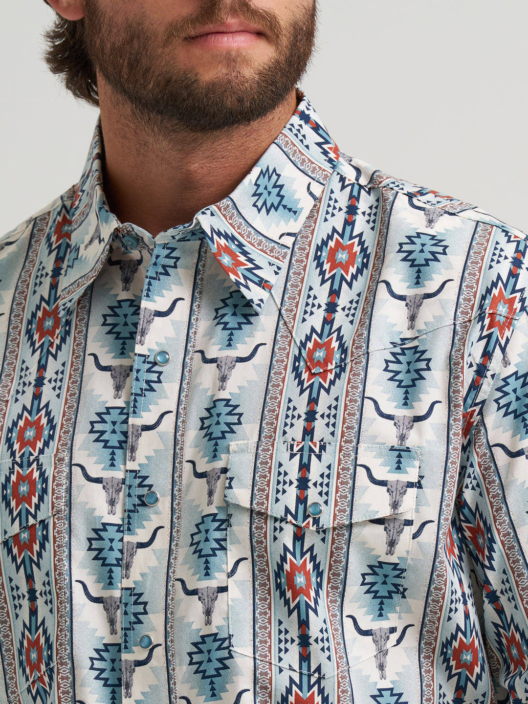 Men's Checotah Long Sleeve Western Snap Printed Shirt- Gray Steerhead