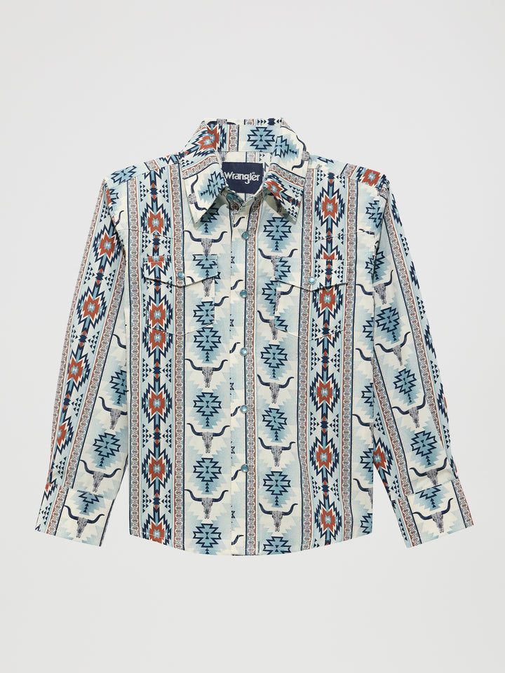 Boy's Checotah Long Sleeve Western Snap Shirt-Gray Steerhead