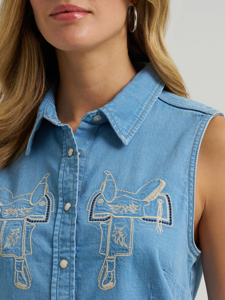 Wrangler Girl's Retro Americana Sleeveless Snap Shirt - Light Denim