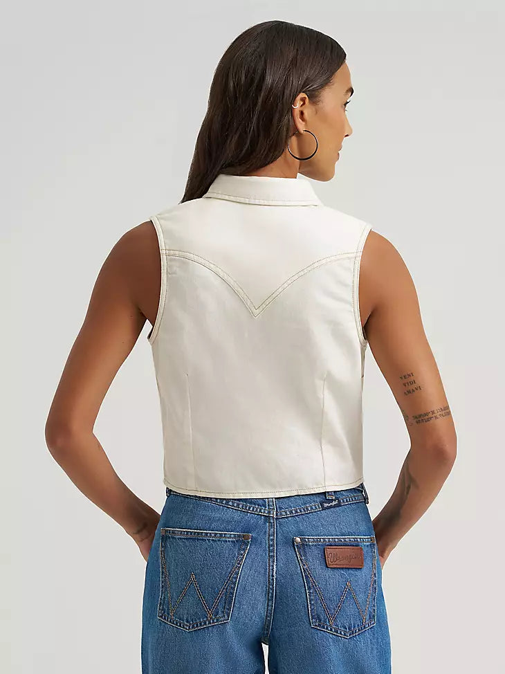 Wrangler Women's Retro Punchy Sleeveless Denim Snap Shirt -White