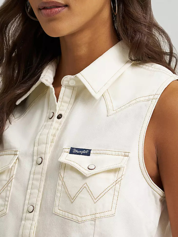 Wrangler Women's Retro Punchy Sleeveless Denim Snap Shirt -White
