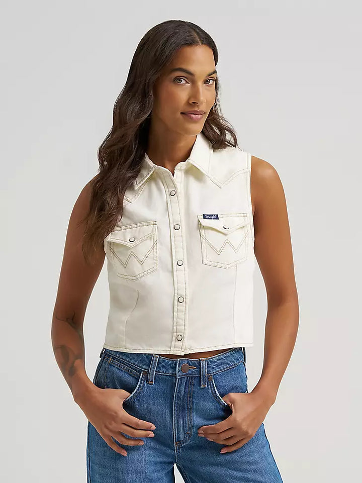 Wrangler Women's Retro Punchy Sleeveless Denim Snap Shirt -White