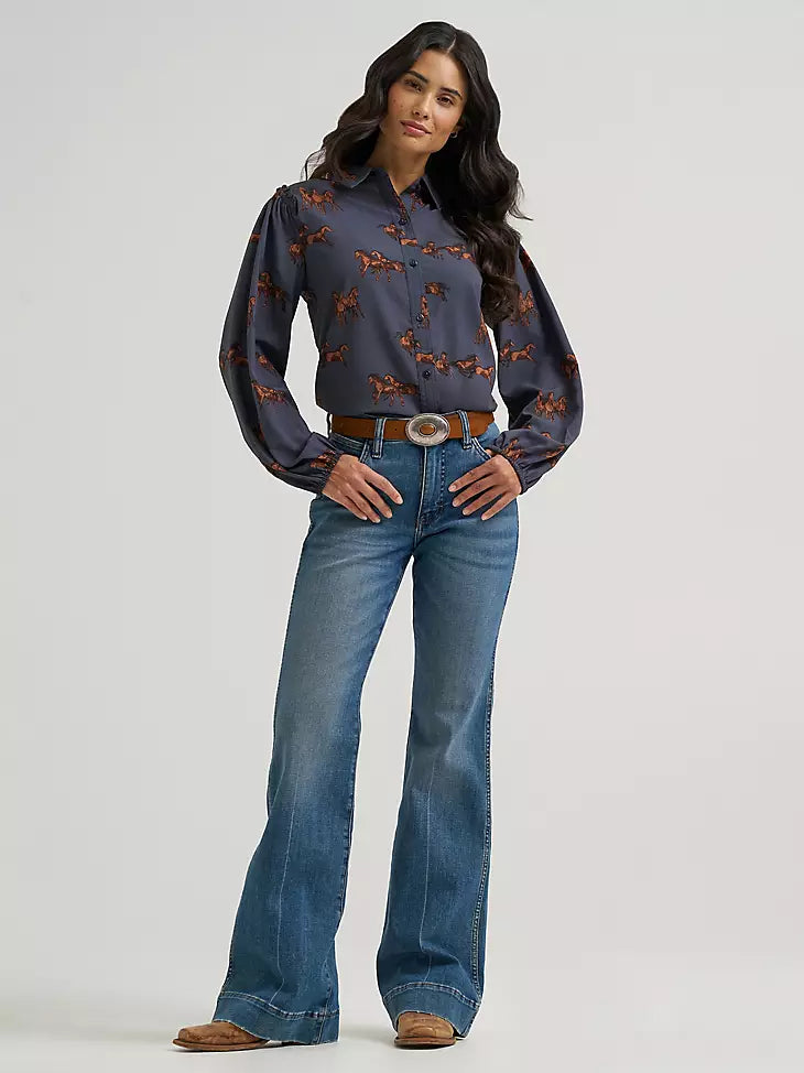 Wrangler Women's Drapey Sleeve Button Up Blouse-Blue