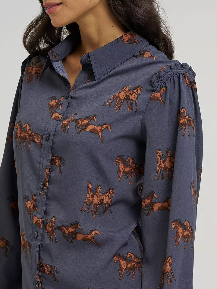 Wrangler Women's Drapey Sleeve Button Up Blouse-Blue