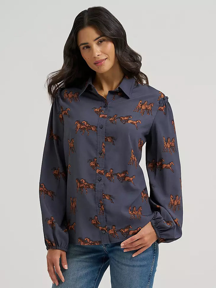 Wrangler Women's Drapey Sleeve Button Up Blouse-Blue
